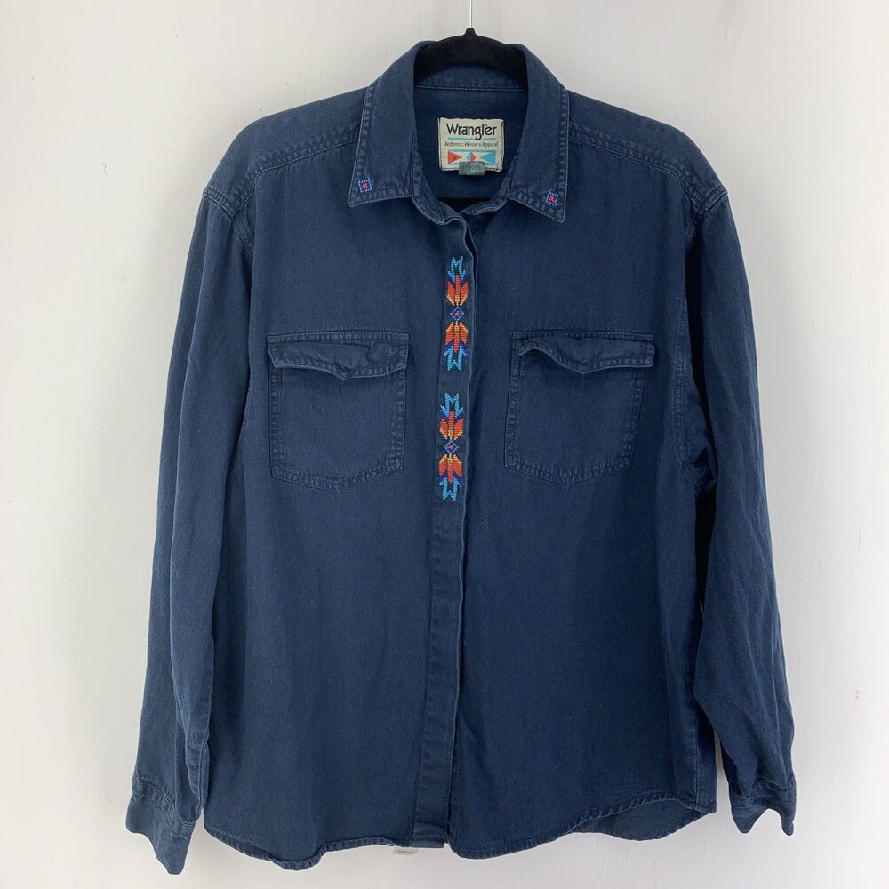 Vintage Wrangler‎ Womens XL Button Up Top Cowgirl Western Embroidered Aztec Blue